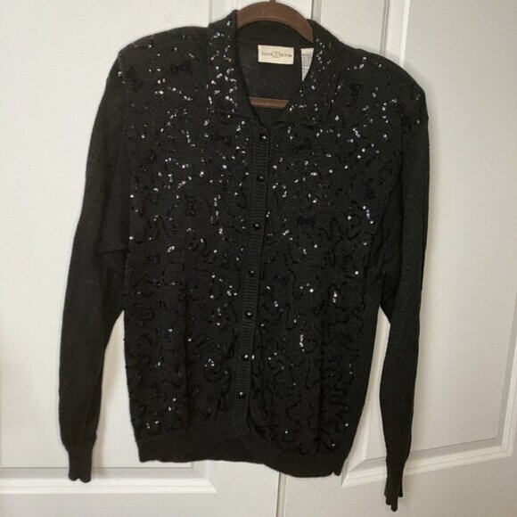 Vintage Jaclyn Smith Black Knit Sequin Beaded Bow Collared Coquette Cardigan - Picture 1 of 7